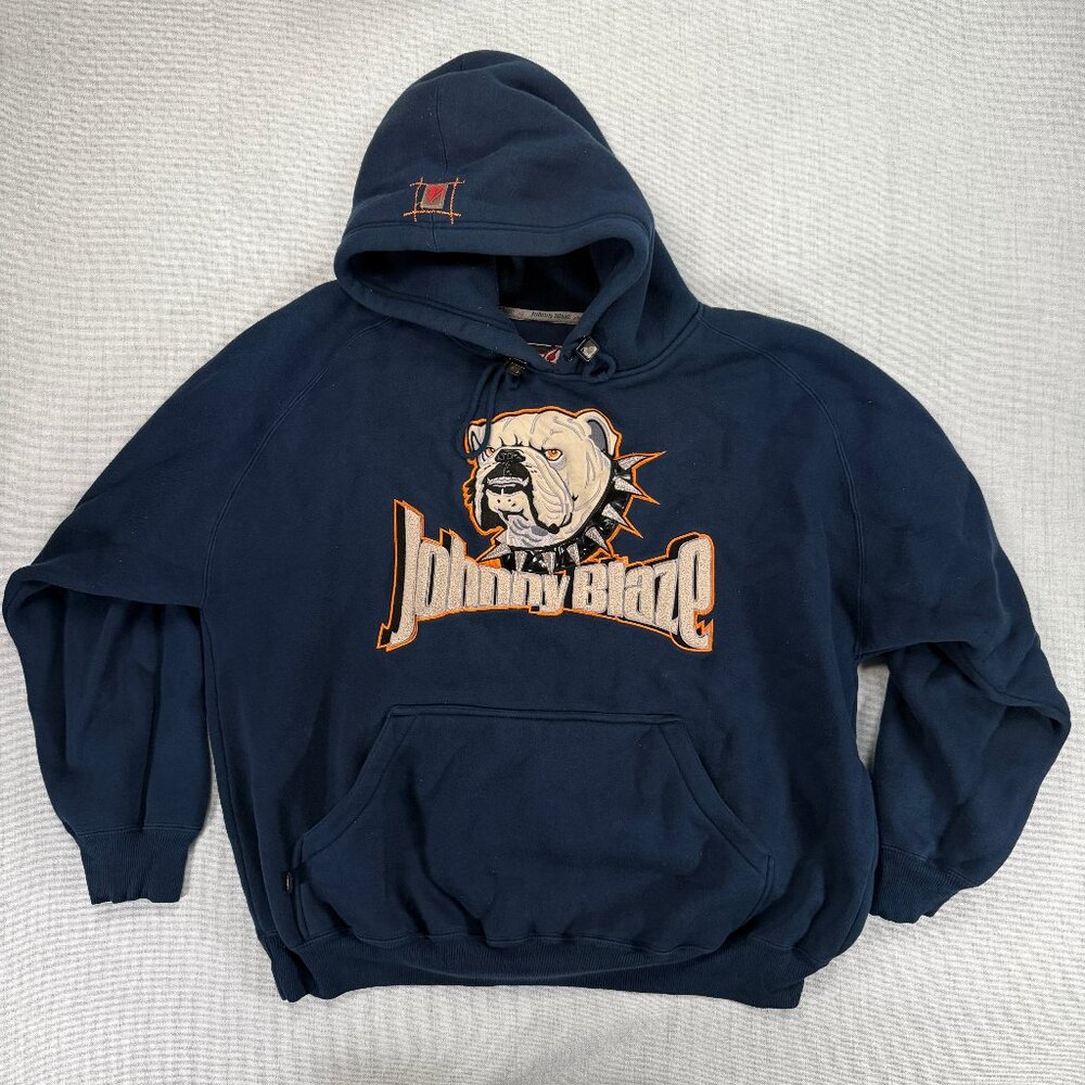VTG Johnny Blaze Bulldog Hoodie Embroidered Graphic Navy Pullover Size XL
